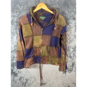 Kathmandu Imports Full Zip Patchwork Cotton Hoodie Women’s Large BRN/BLU/GRN